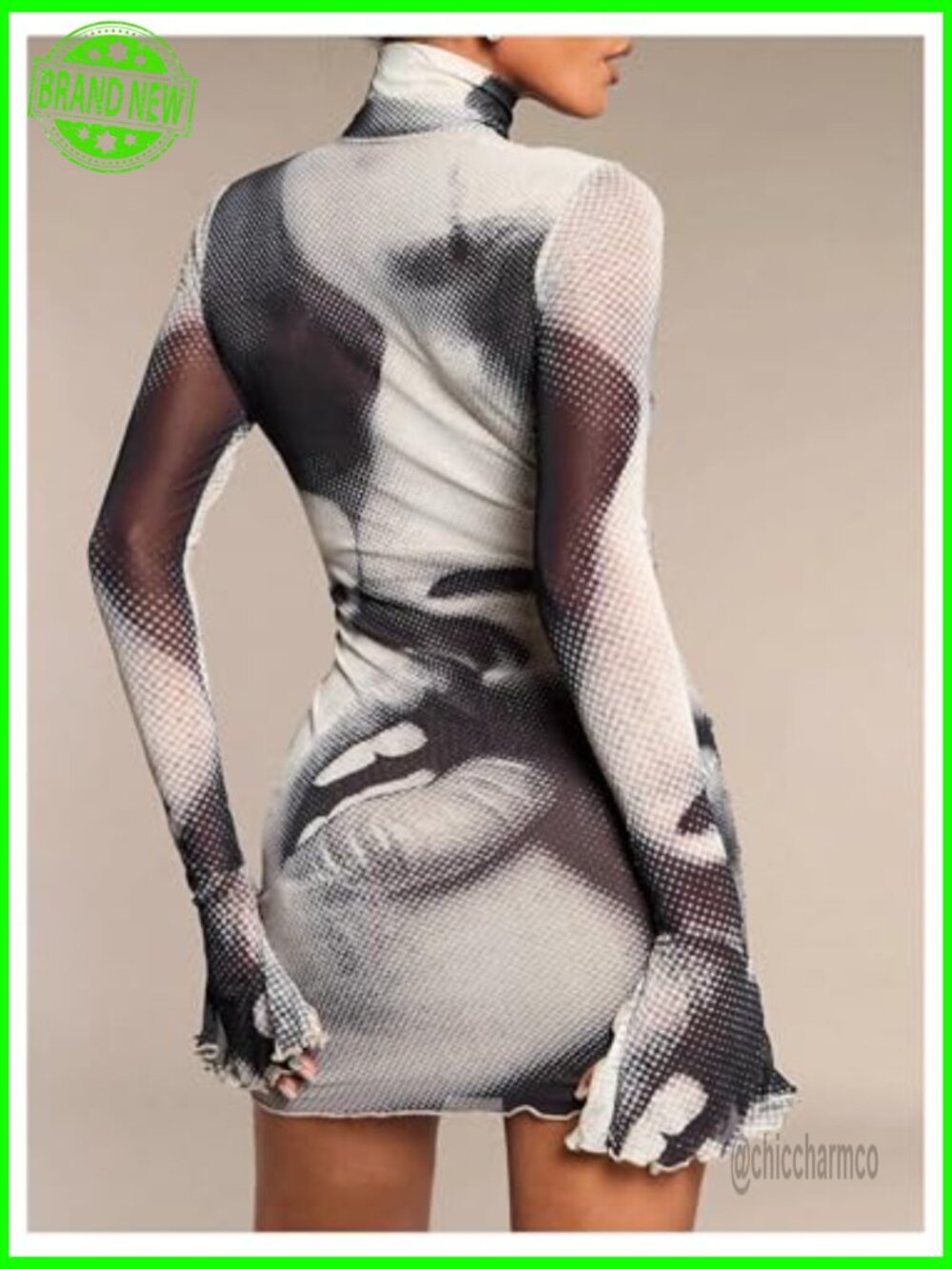 Graphic Print Bodycon Mini Dress Long Sleeve Turtleneck Pencil Dress - Picture 2 of 6